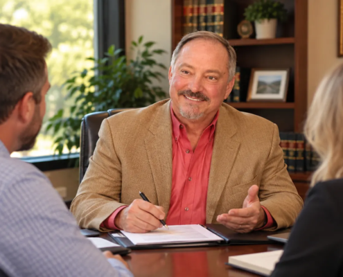 Steve Maglisceau meeting with small business owners about a legal matter in North Texas