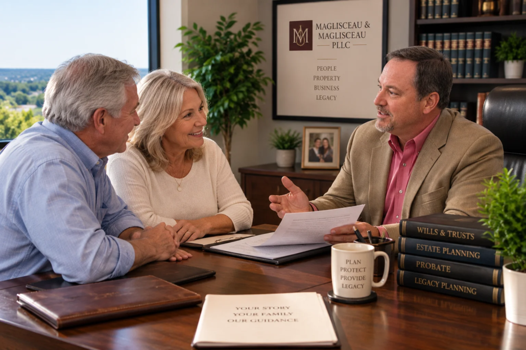 Mature couple discussing wills and estate planning with an attorney in North Texas