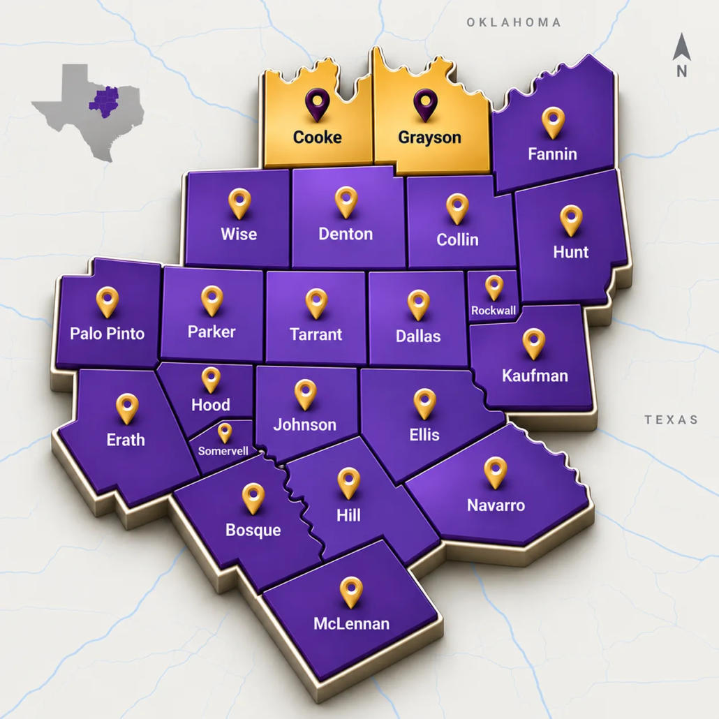 North Texas law firm service area map showing Cooke, Grayson, Denton, Collin, Dallas and surrounding counties